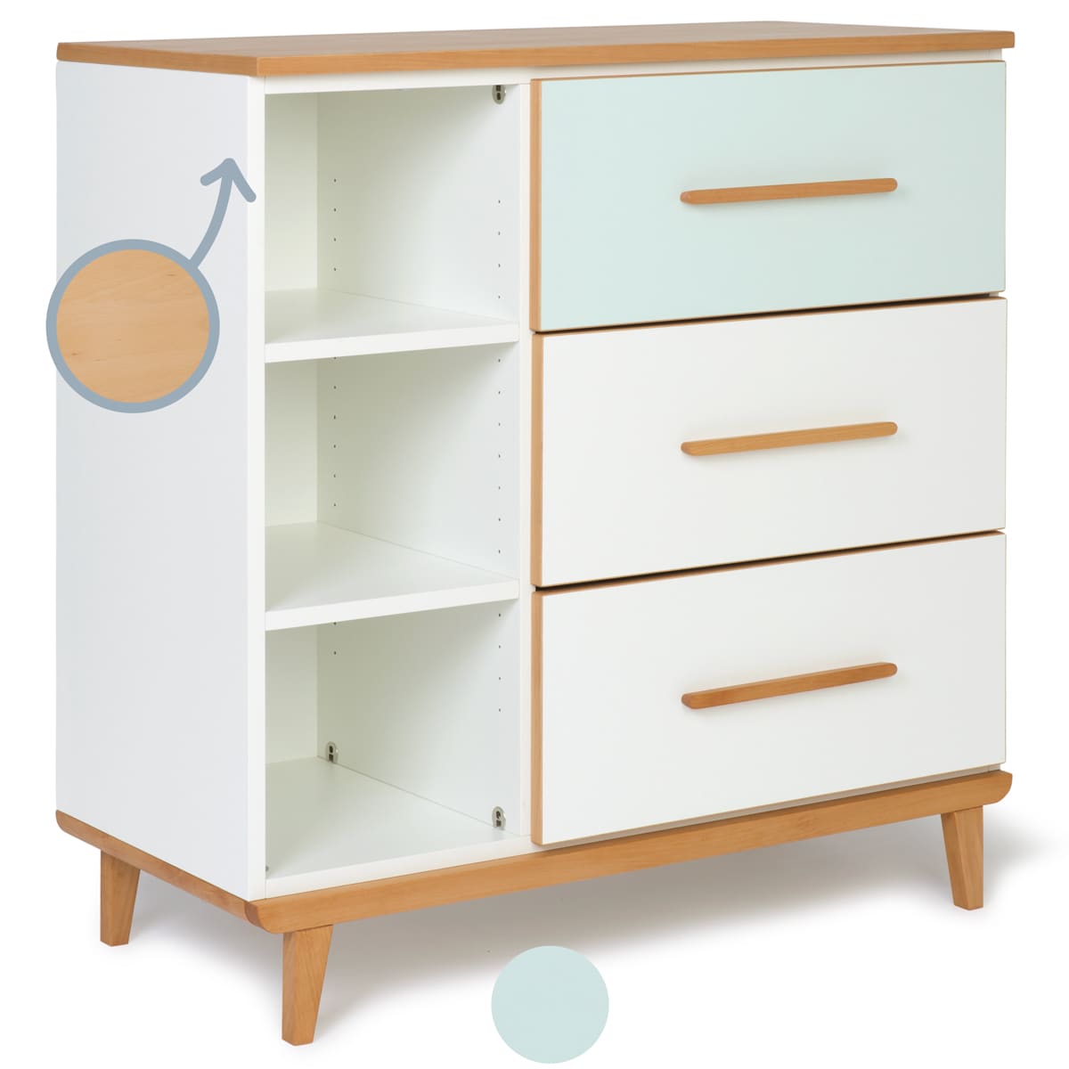 Cómoda 3 cajones 3 huecos NADO Retro acabado haya mint-white