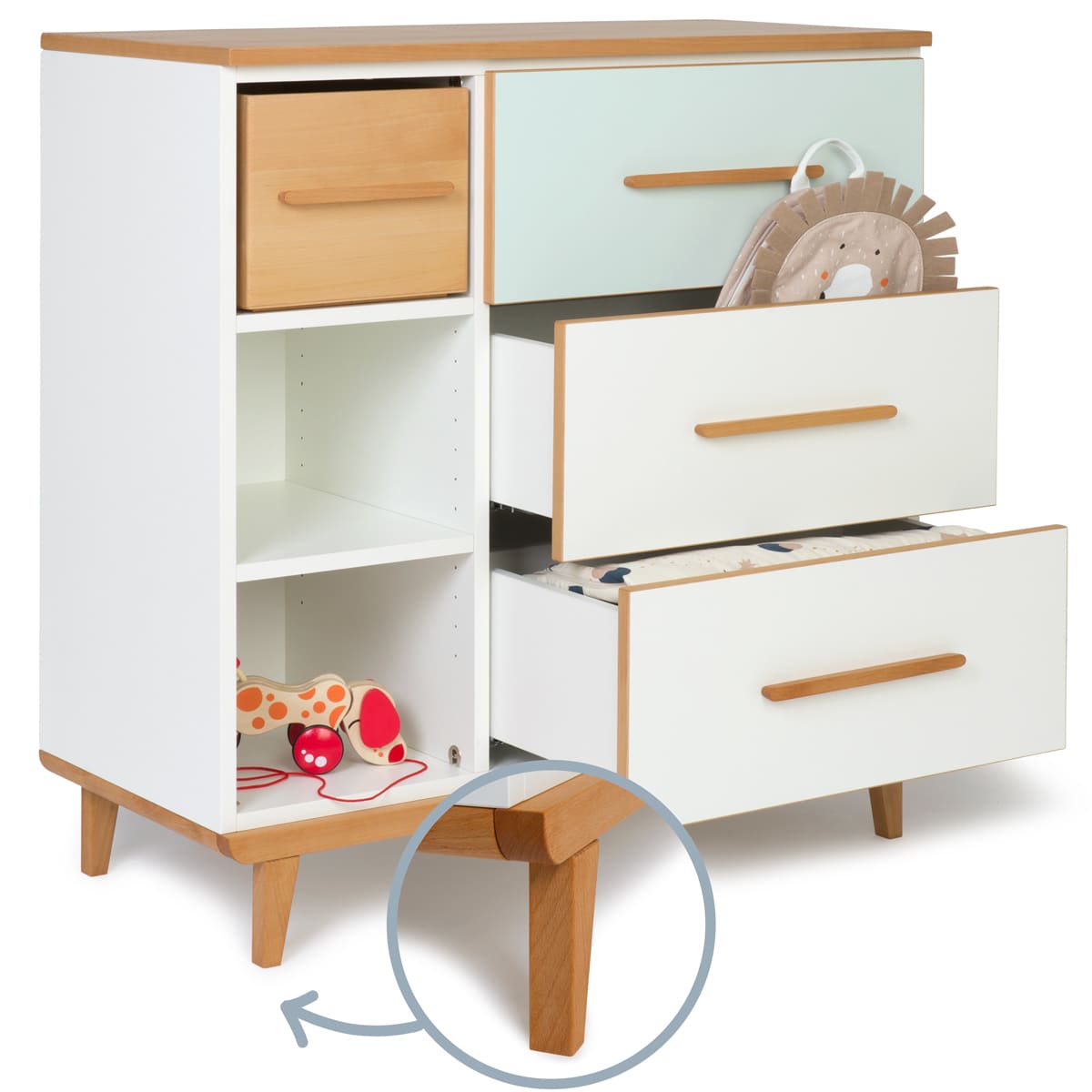 Cómoda 3 cajones 3 huecos NADO Retro acabado haya mint-white