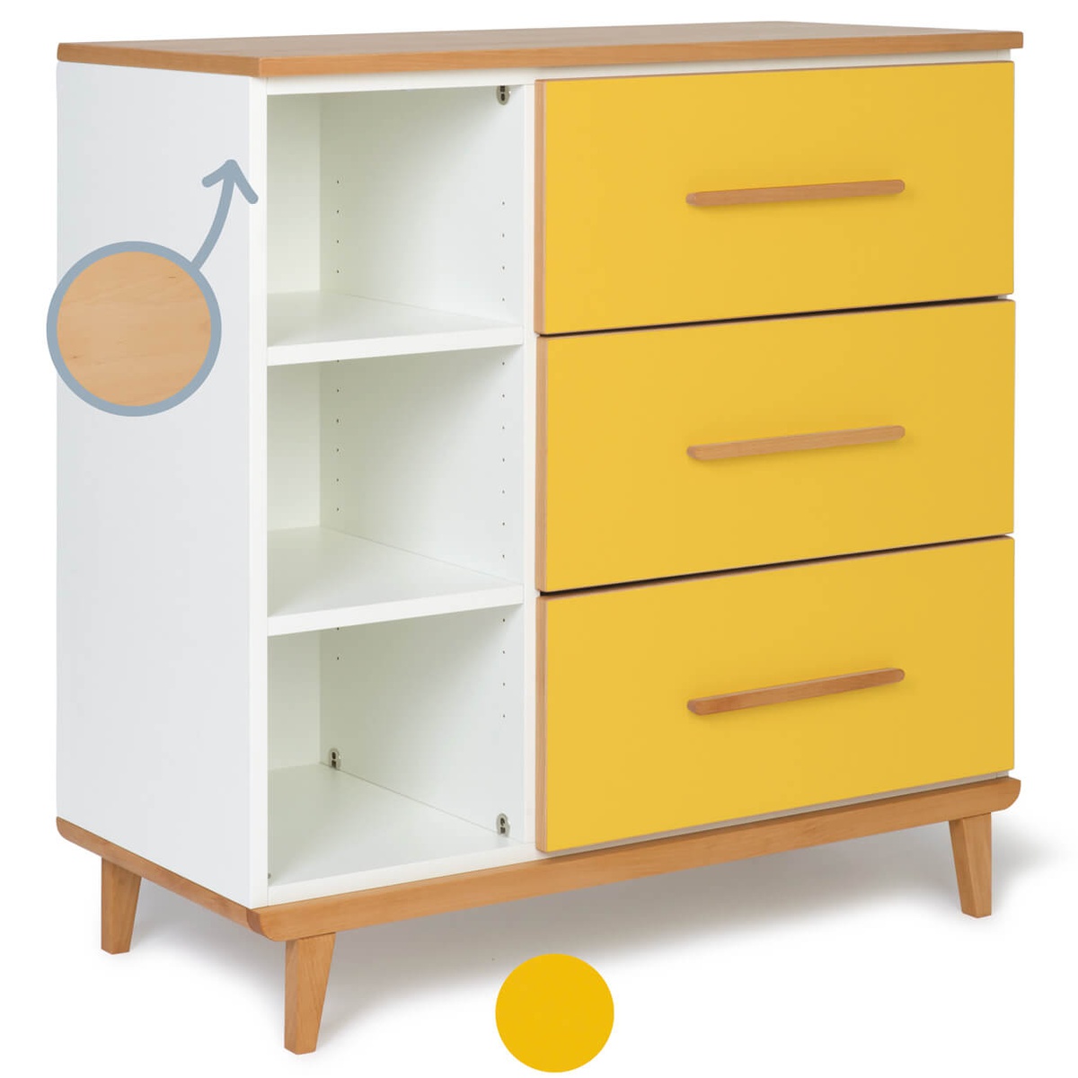 Cómoda 3 cajones 3 huecos NADO Retro acabado haya sunshine yellow 