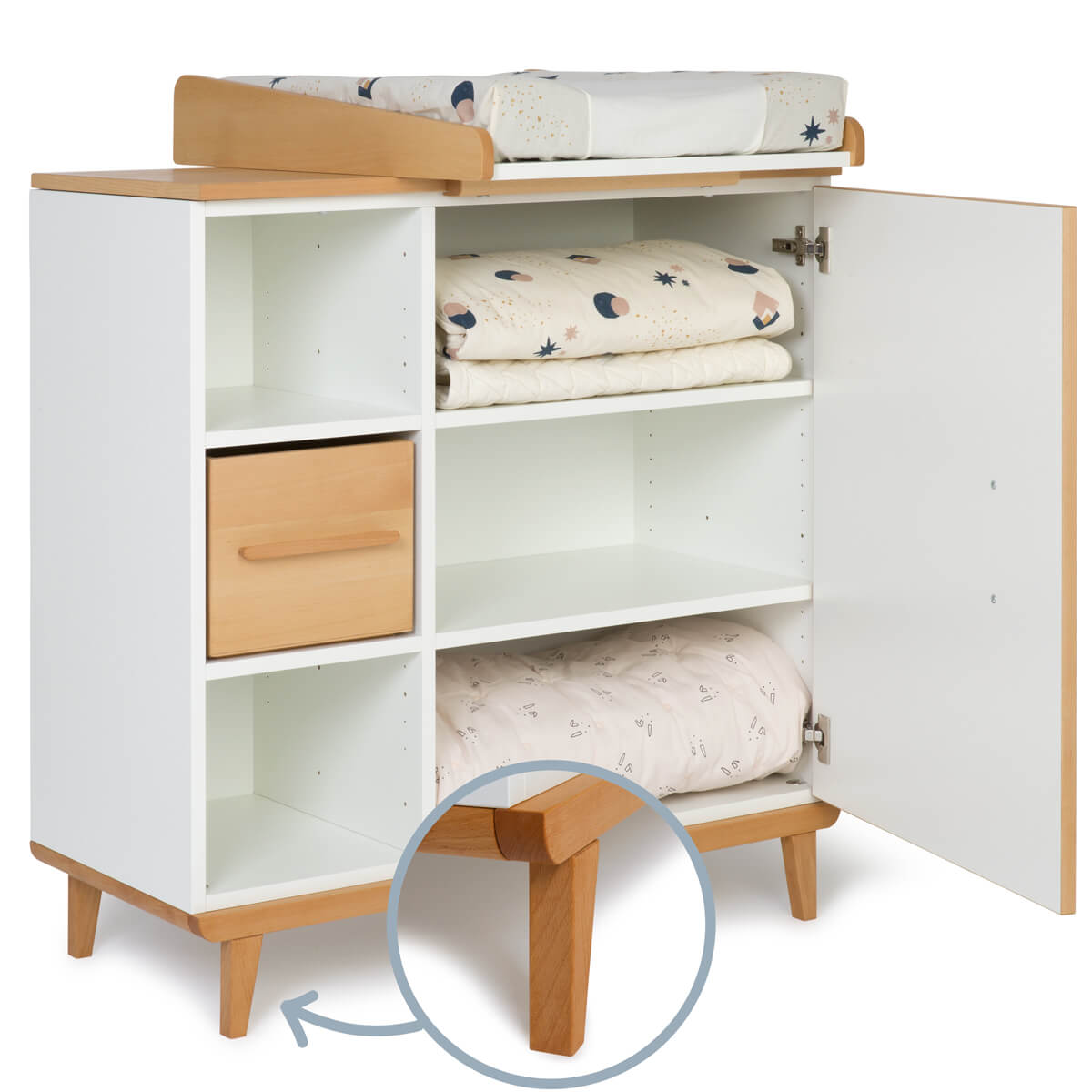 Cómoda cambiador 1 puerta 3 huecos NADO Retro acabado haya white