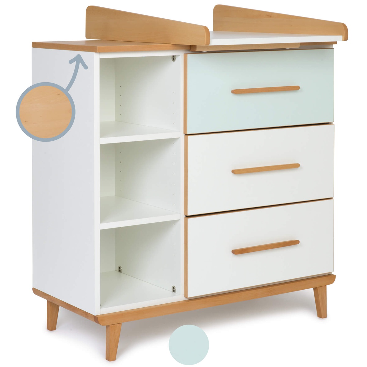 Cómoda cambiador 3 cajones 3 huecos NADO Retro acabado haya mint-white