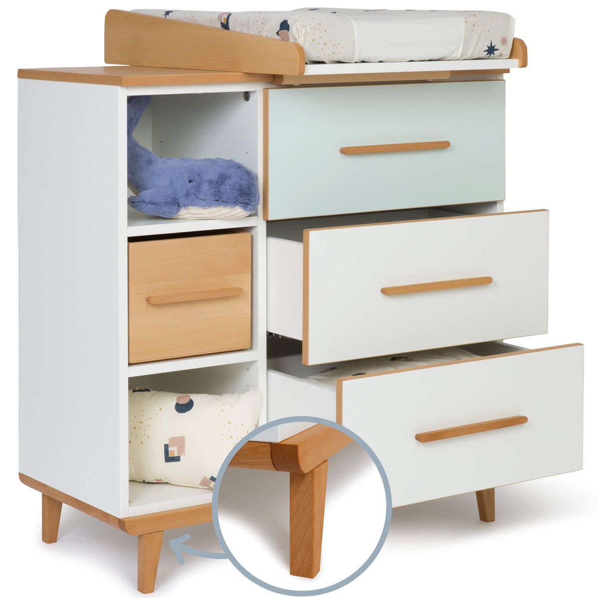 Cómoda cambiador 3 cajones 3 huecos NADO Retro acabado haya mint-white