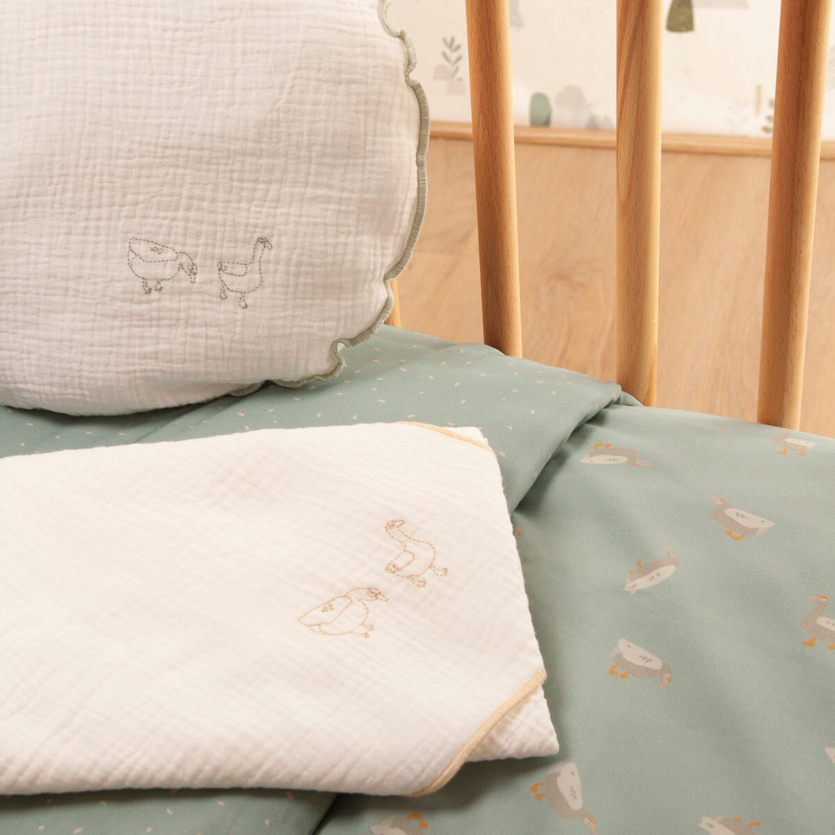 Funda nórdica DUCKS azul beige 100x140cm y funda de almohada 40x40cm