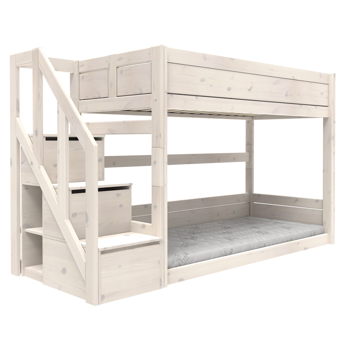 Litera baja 90x200cm escalera cajones-somier Deluxe Lifetime blanqueado