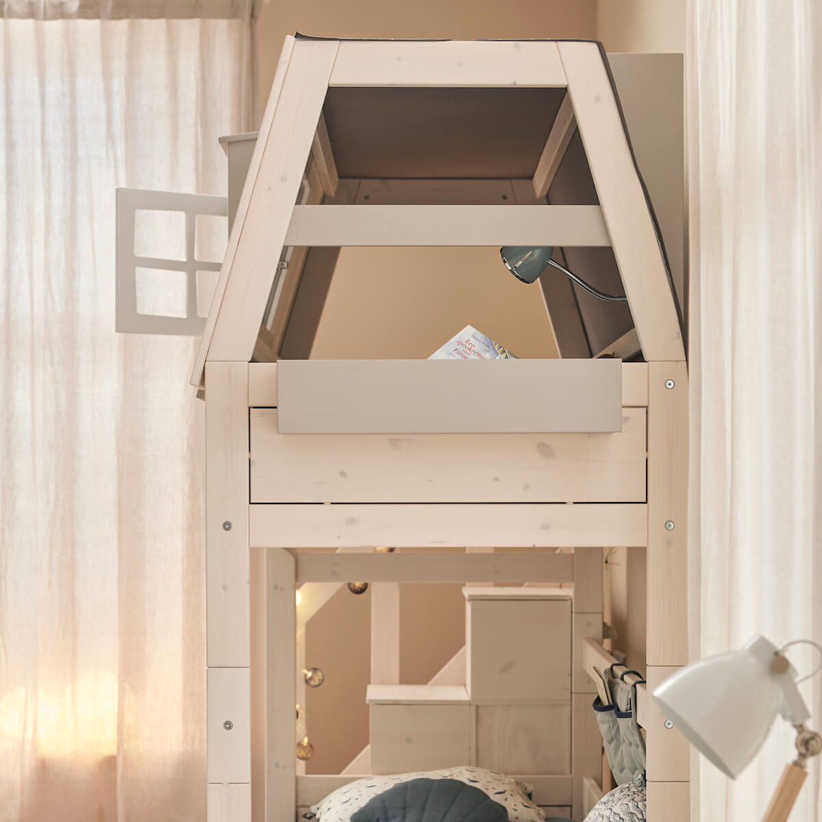 Litera cabaña baja 90x200cm escalera cajones MY HANGOUT somier Deluxe Lifetime blanqueado