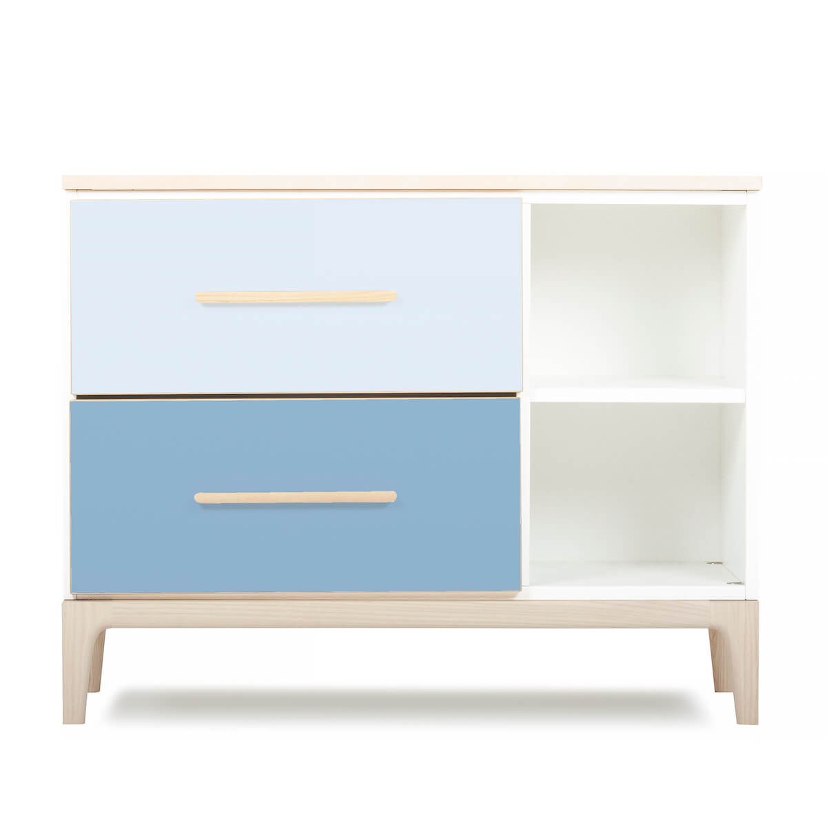 Mueble pequeño 2 cajones 2 huecos NADO Curve acabado fresno sky blue-capri blue