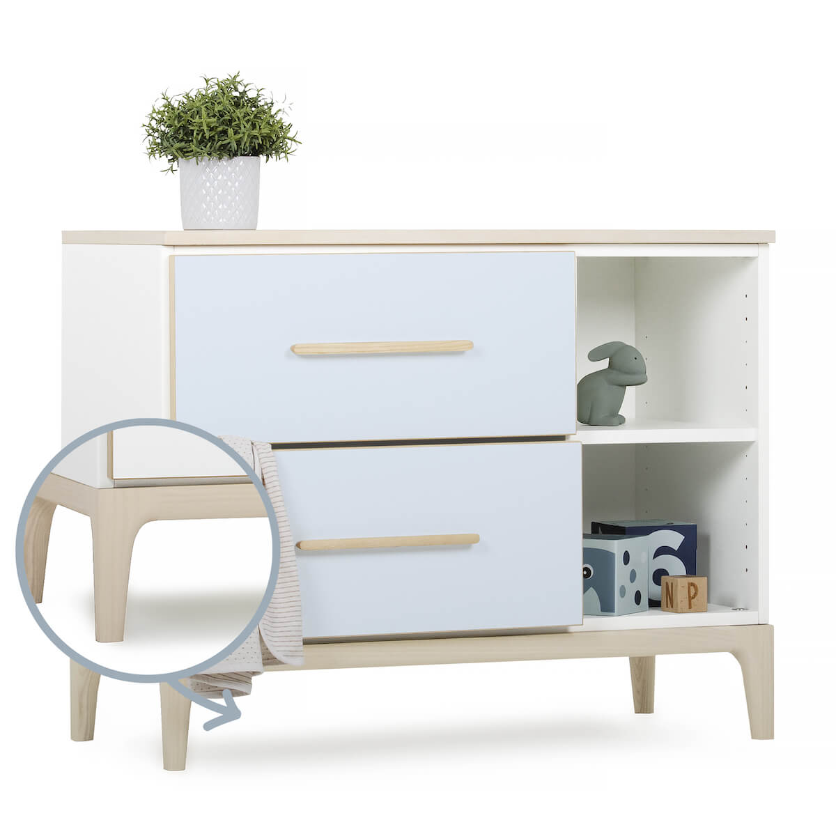 Mueble pequeño 2 cajones 2 huecos NADO Curve acabado fresno sky blue