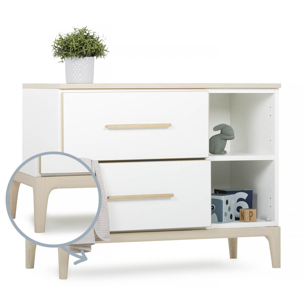 Mueble pequeño 2 cajones 2 huecos NADO Curve acabado fresno white