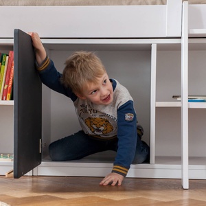 Pack cama media alta-estantería pizarra KASVA haya lacado blanco