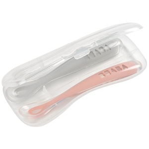 Set 2 cucharas silicona 1ª edad +estuche Béaba rosa-gris