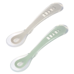 Set 2 cucharas silicona 2ª edad+estuche Béaba gris-verde salvia