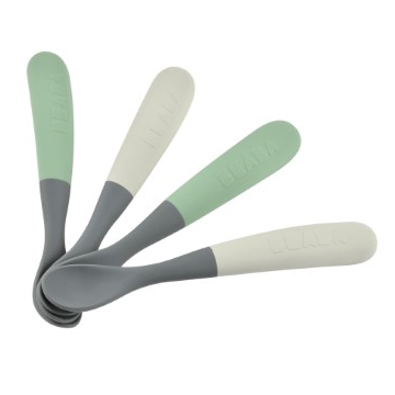 Set 4 cucharas silicona 1ª edad Béaba gris mineral-verde salvia